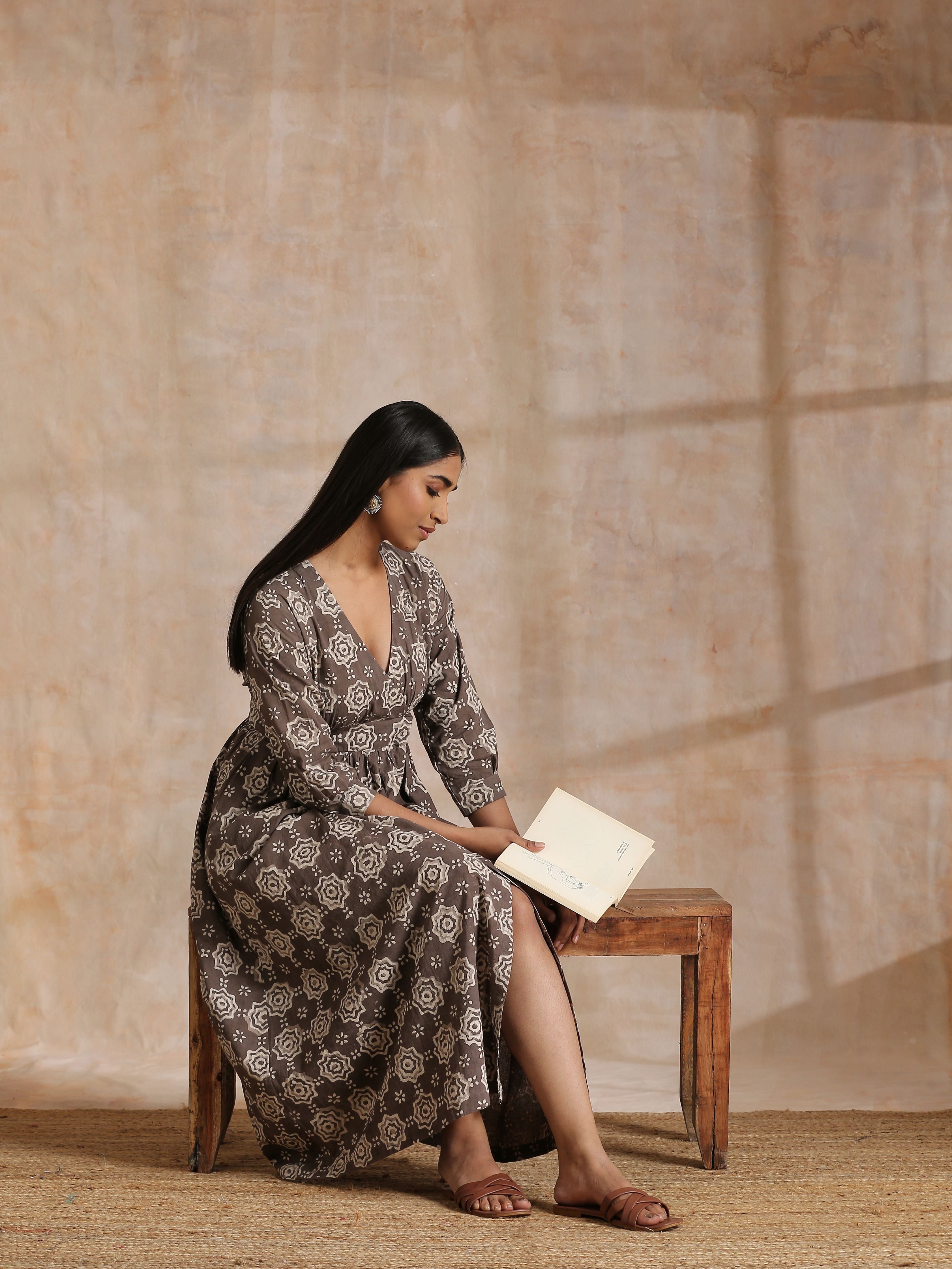 trueBrowns Clay Dabu Overall Print Cotton Wrap Dress - Distacart