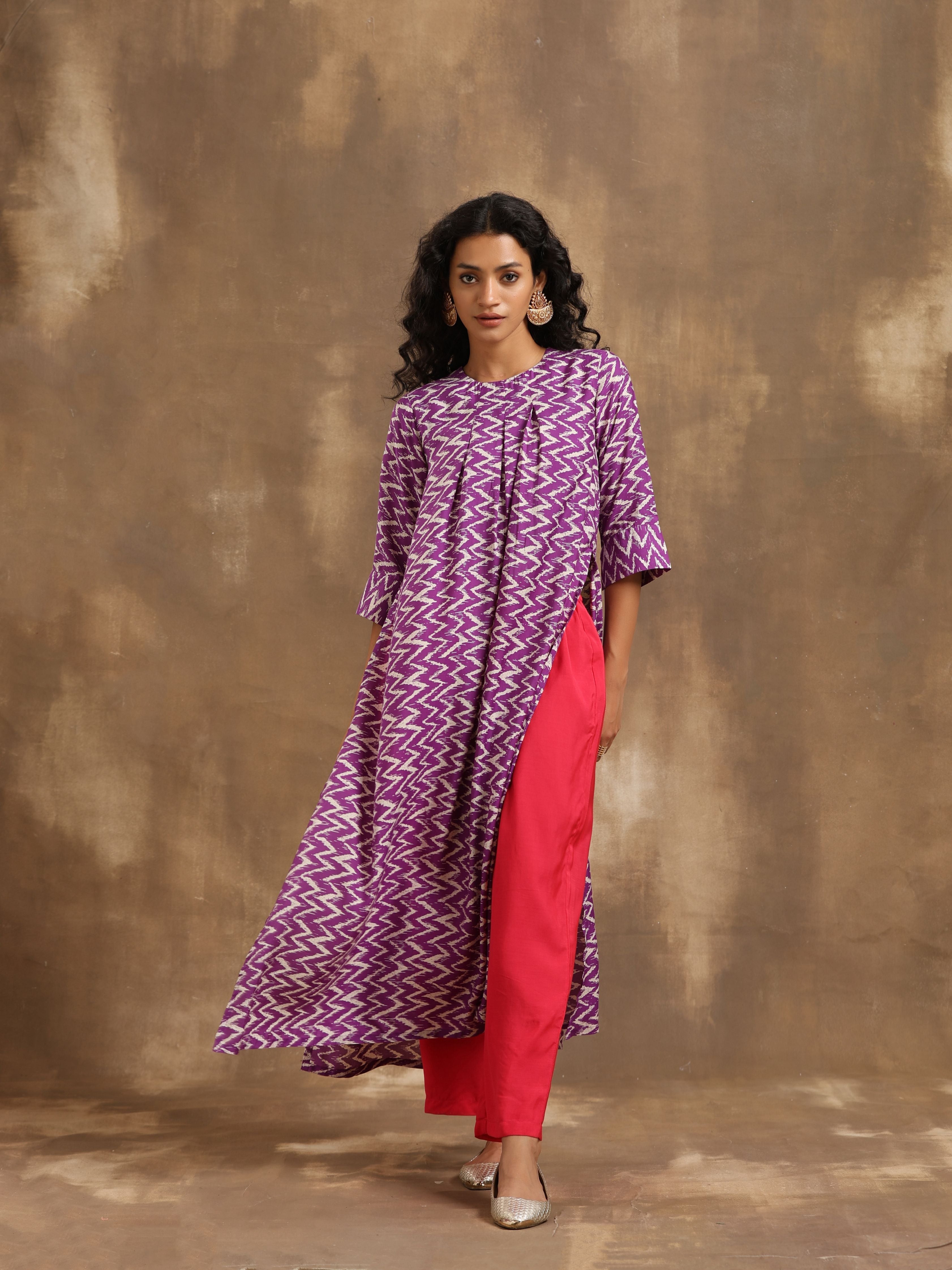 trueBrowns Purple Zig-Zag Printed Silk Kurta Pant Set - Distacart