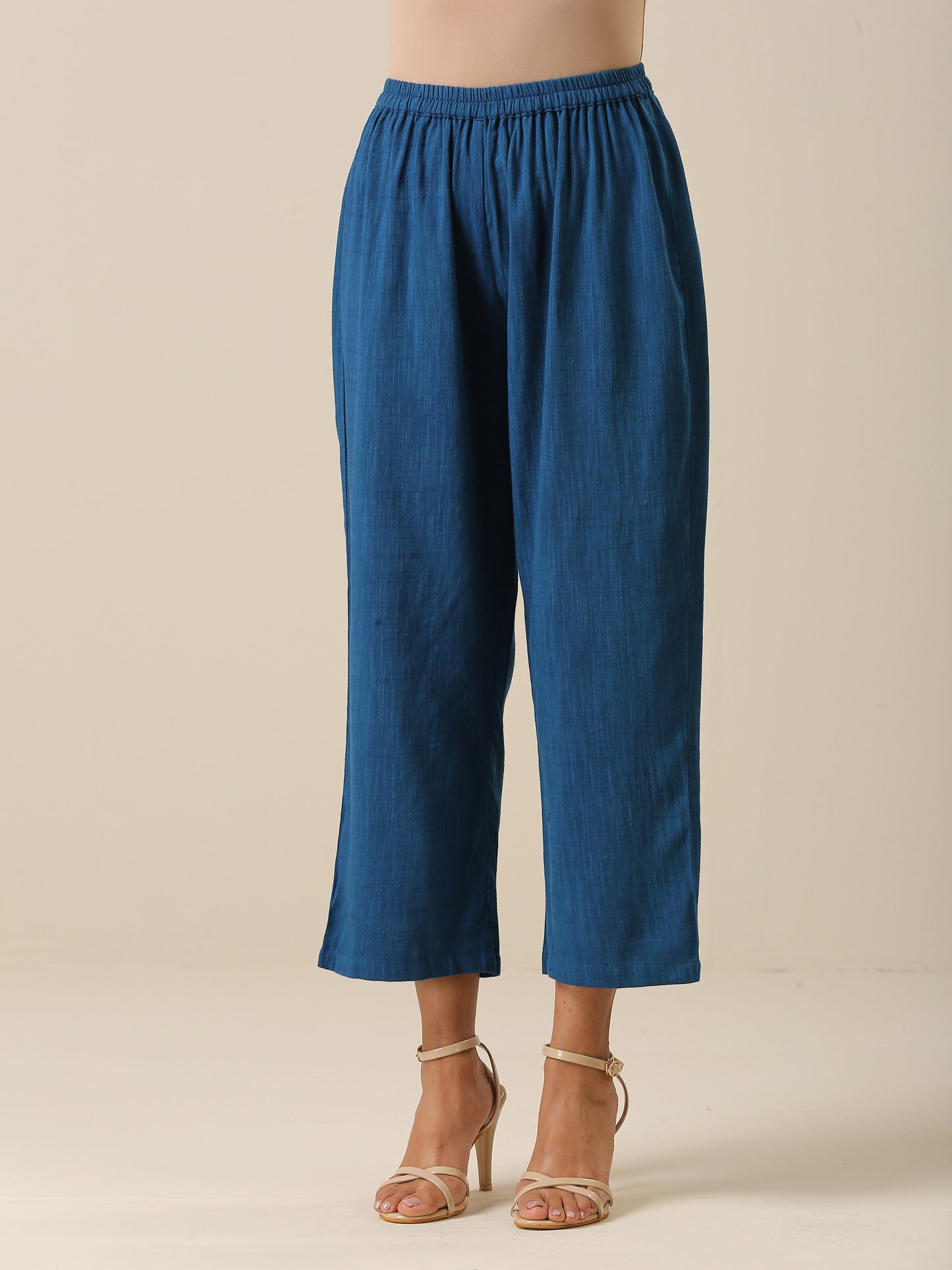 trueBrowns Classic Blue Slub Texture Sleeveless Flared Kurta Pant Set - Distacart
