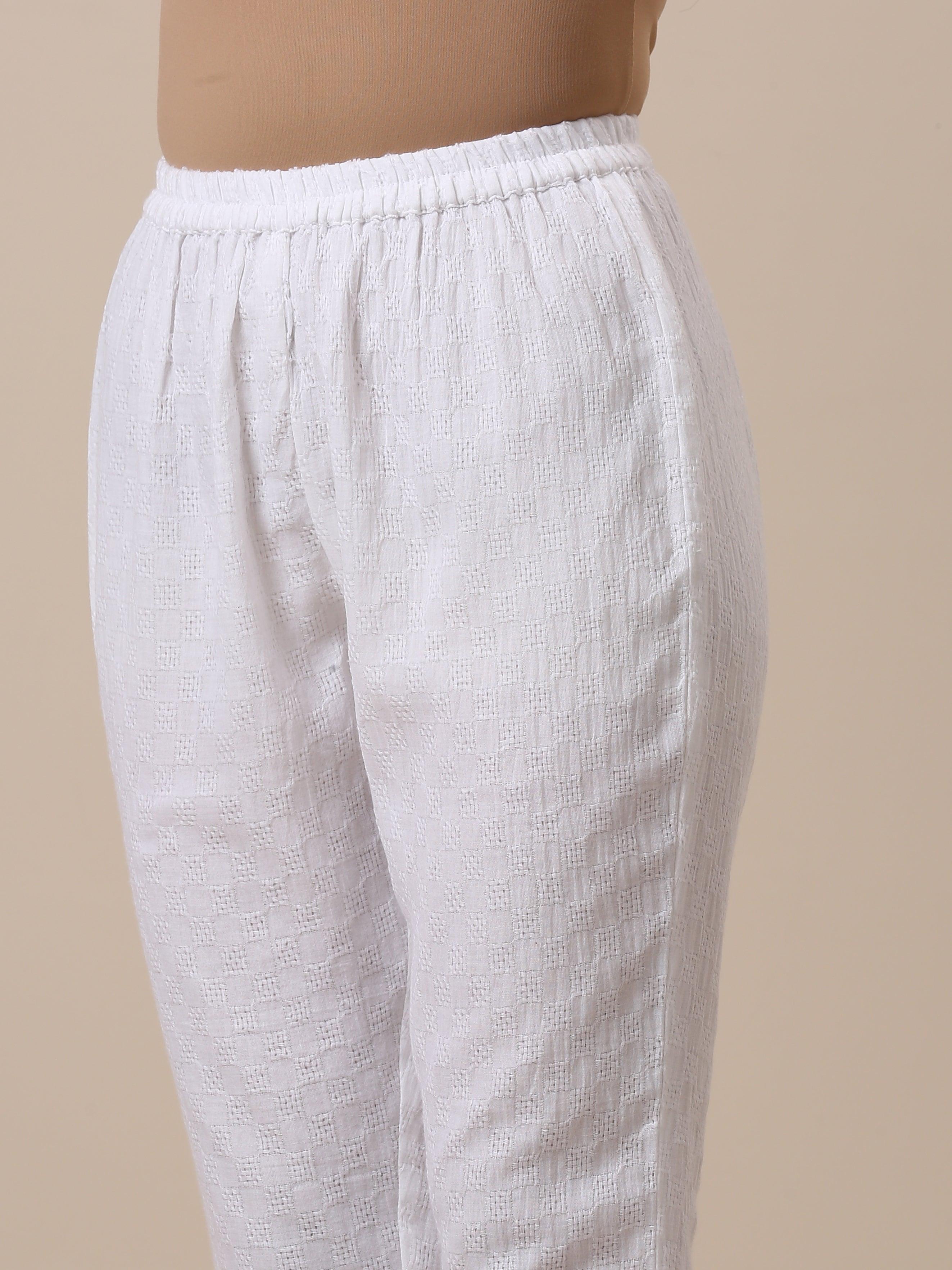 trueBrowns Cotton White Weave Collar Kurta Pant Set | Relove