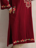 Thumbnail for trueBrowns Maroon Kashmiri Embroidered Woollen Phiran Kurta - Distacart