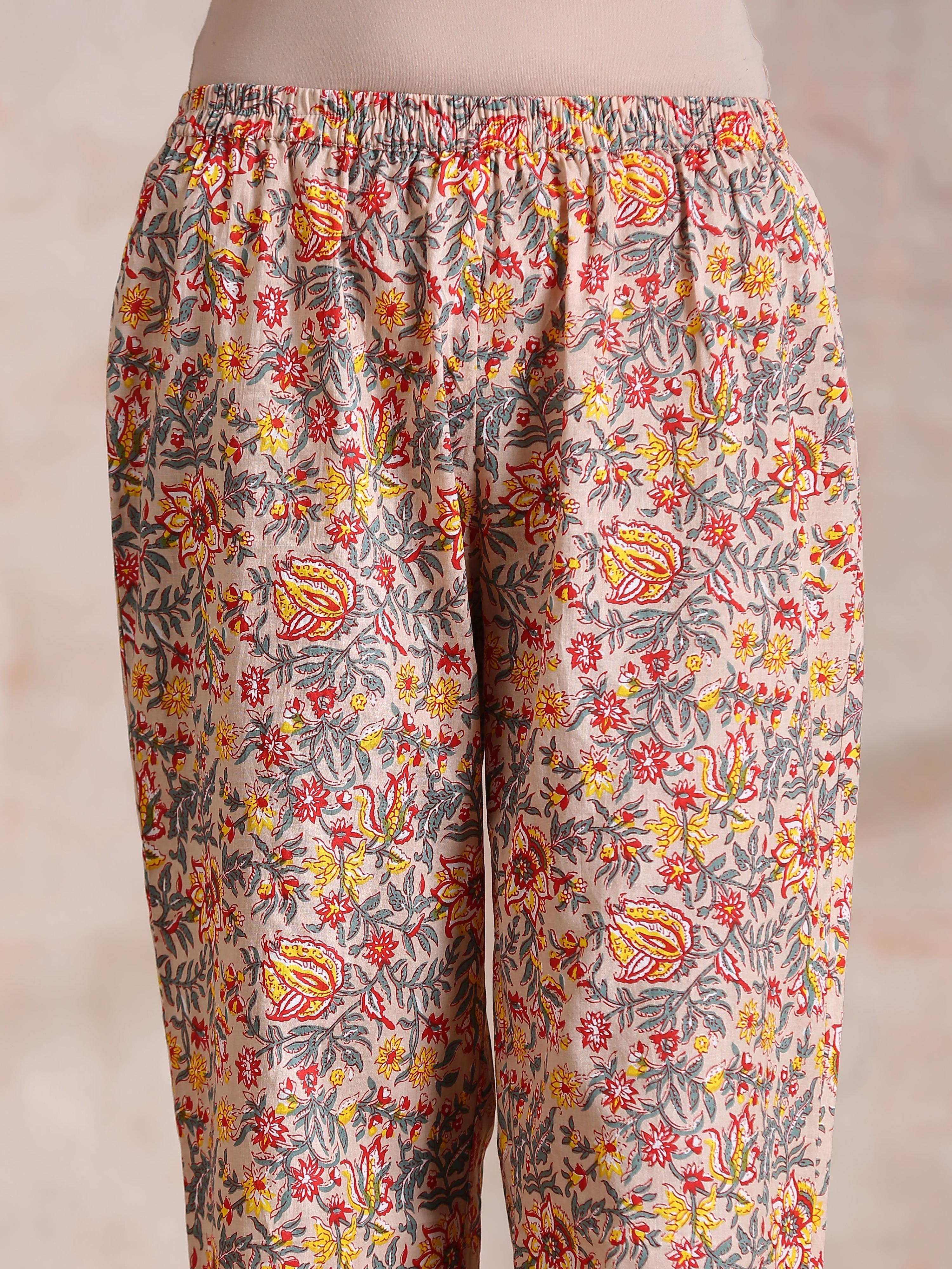 trueBrowns Multicolor Beige Overall Floral Block Print Cotton Kaftan Co-Ord Set - Distacart