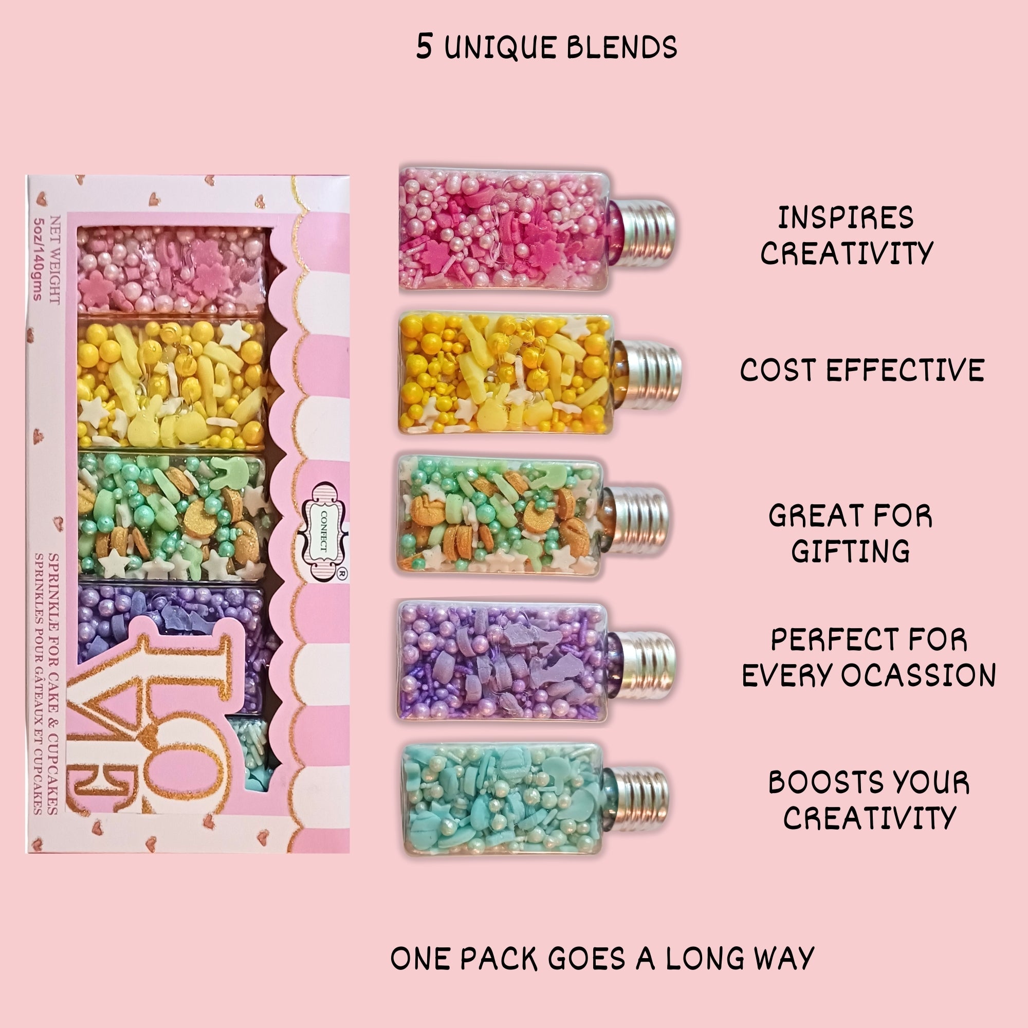 confect easter sprinkles edible mix parrot green pink sky blue and yellow pearls stars pack of 5 100gms