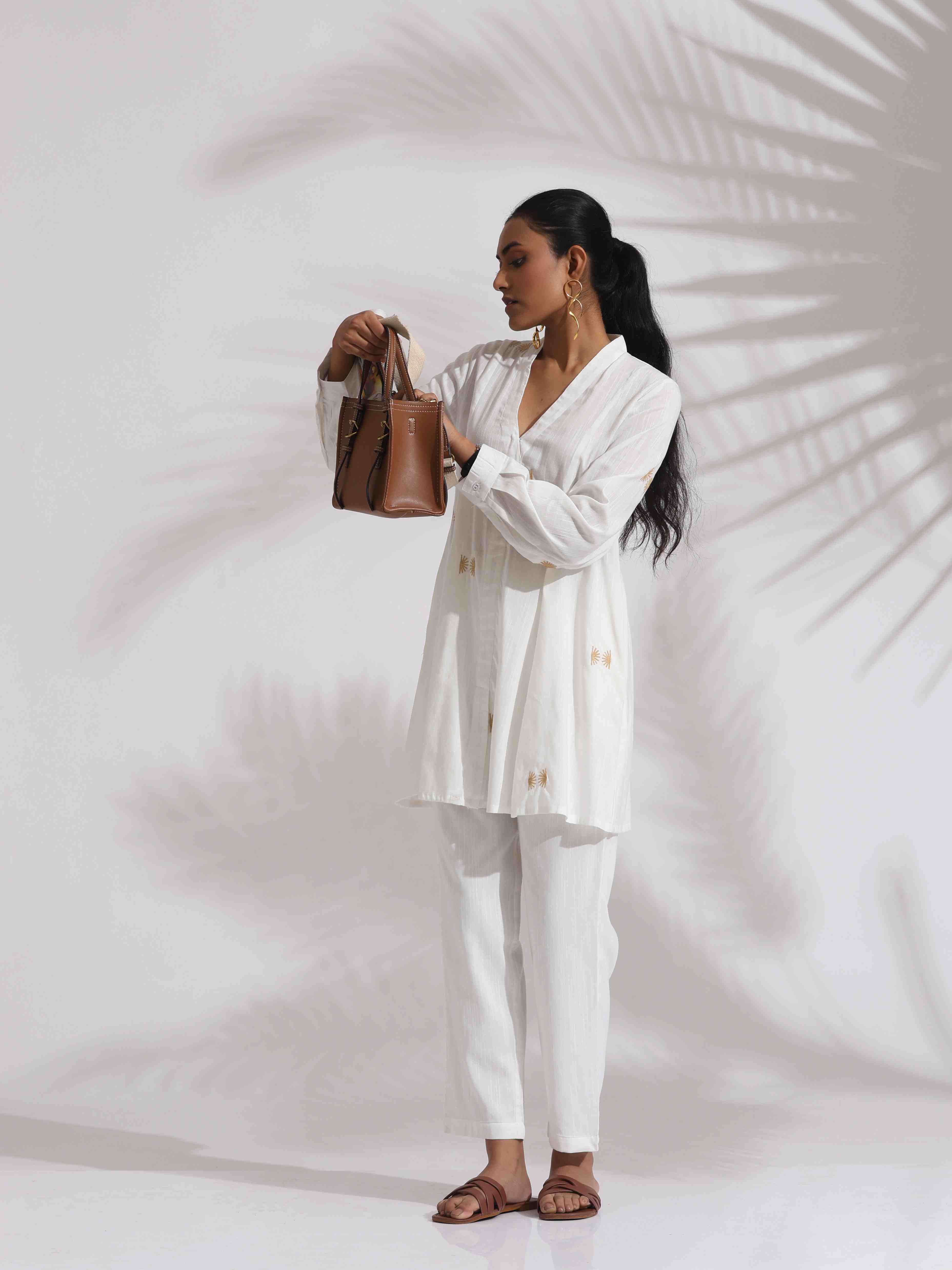 trueBrowns Off-White Cotton Embroidered A-line Co-ord Set