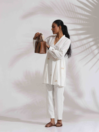 trueBrowns Off-White Cotton Embroidered A-line Co-ord Set - Distacart