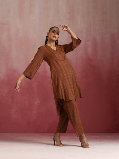 trueBrowns Brown Cotton Dobby Kurta Co-ord set - Distacart