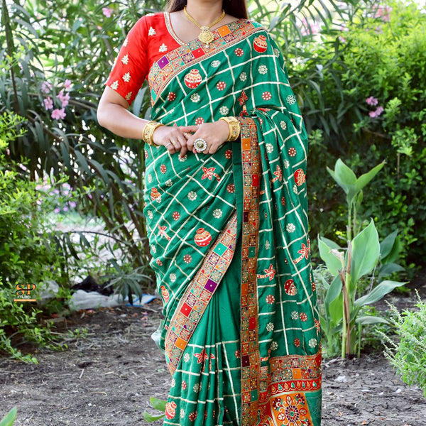 Lorenvalley Fashion Premium Green Dola Silk Embroidery and Diamond work with Jacquard Lace Border Saree - Distacart