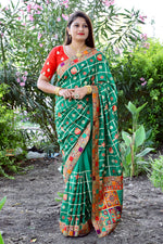 Thumbnail for Lorenvalley Fashion Premium Green Dola Silk Embroidery and Diamond work with Jacquard Lace Border Saree - Distacart