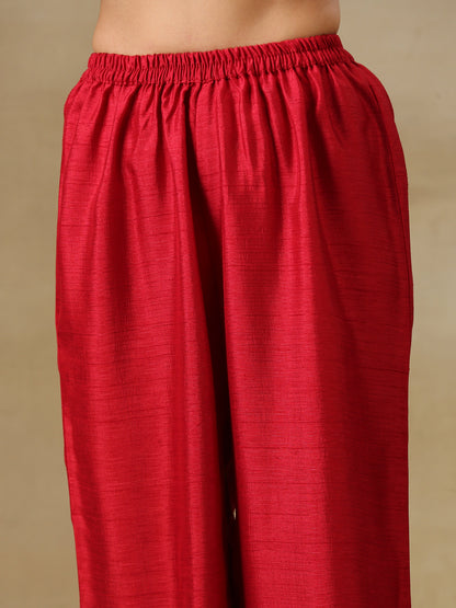 trueBrowns Maroon Textured Silk Overlap Pleat Kurta Pant Set - Distacart