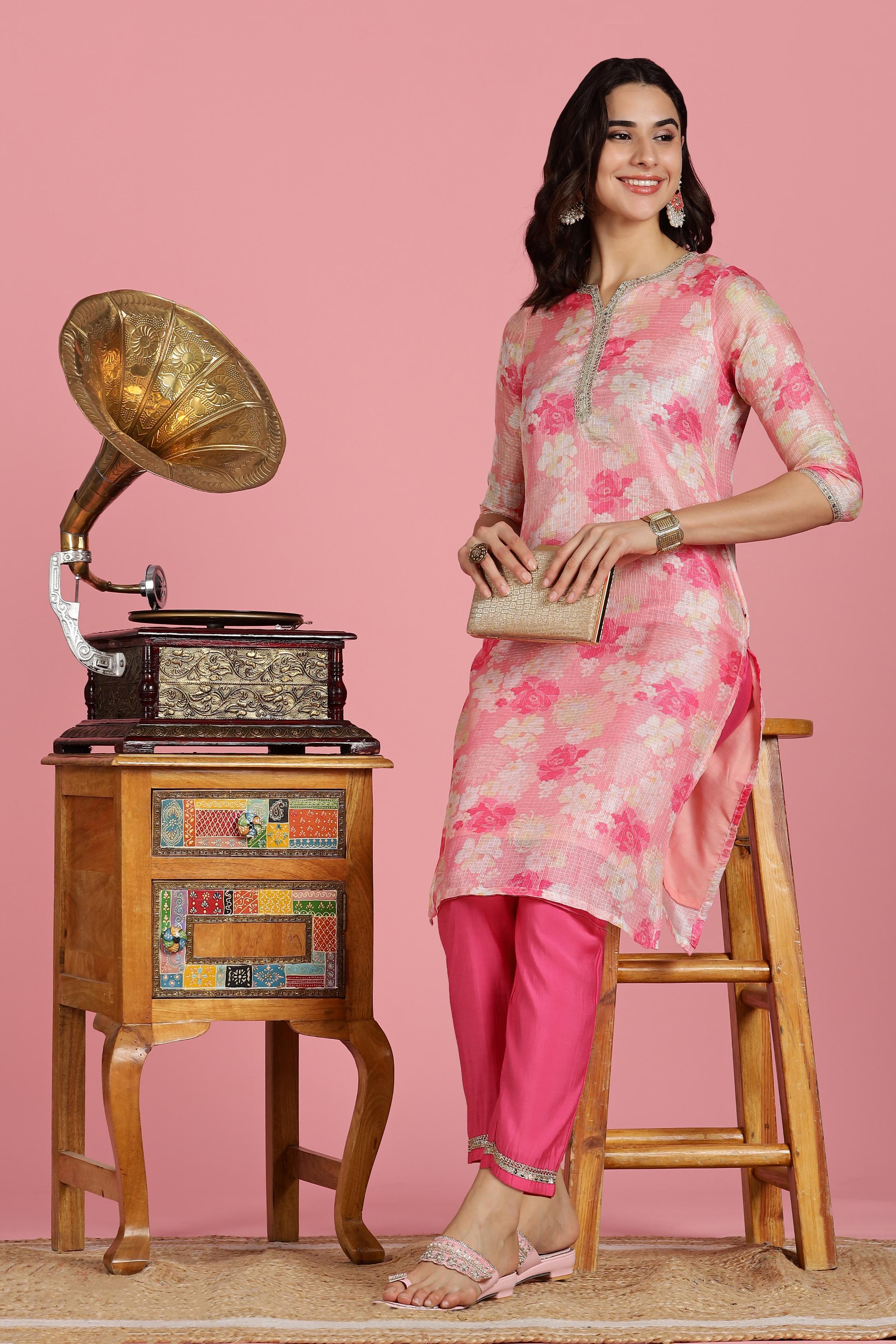 BulBul Women Pink Floral Printed Kota Doriya Kurta Set