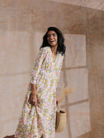 Thumbnail for trueBrowns Pink Yellow Floral On White Block Print Cotton Wrap Dress - Distacart