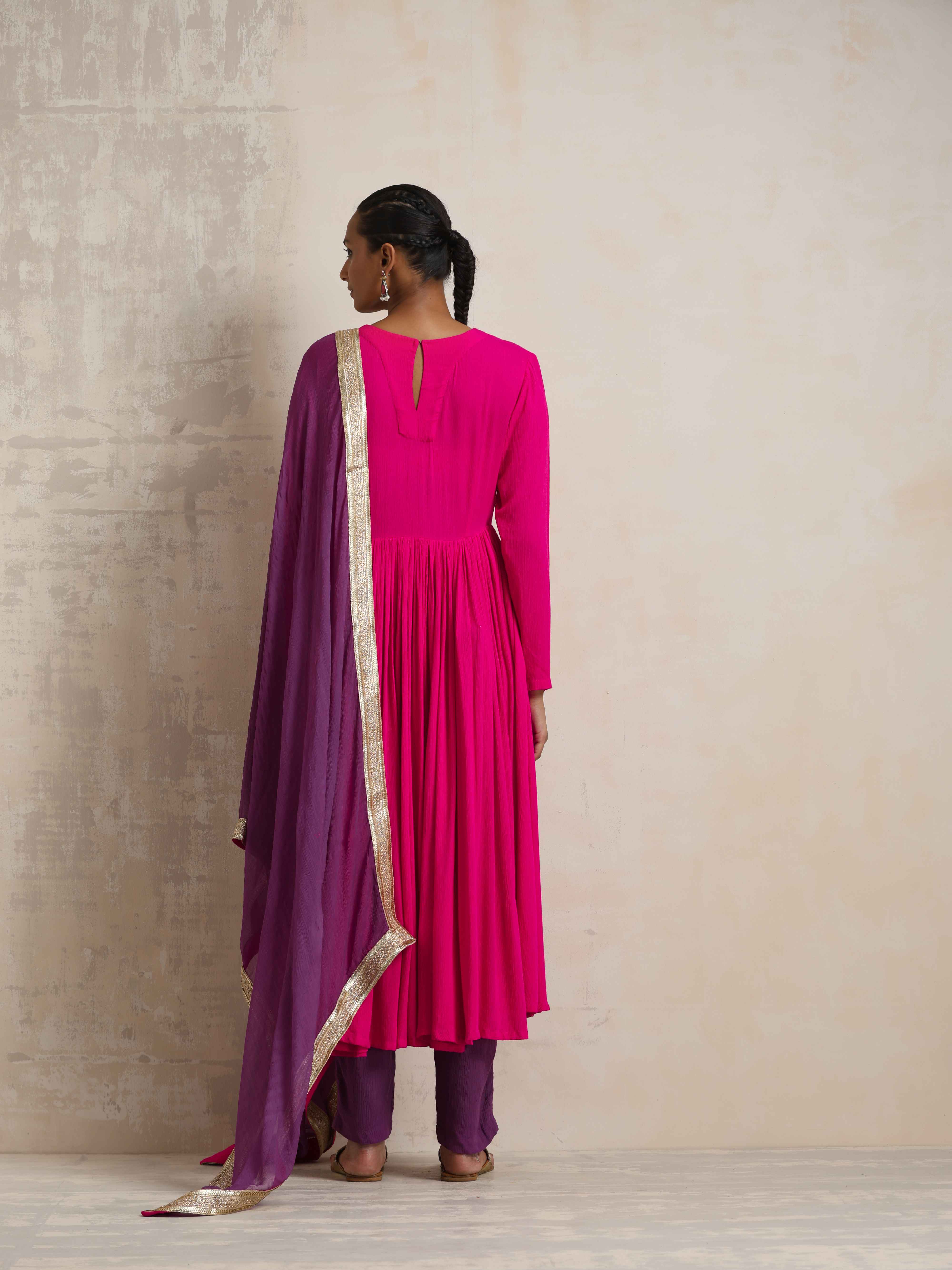 trueBrowns Pink Crinkle Anarkali Kurta Pant Dupatta Set - Distacart