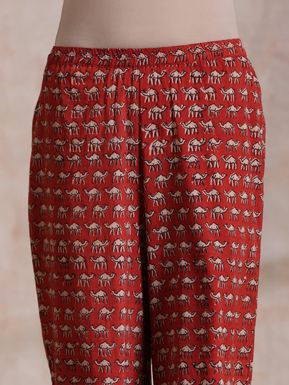trueBrowns Rust Red Bagru Camel Print Cotton High-Low Co-Ord Set - Distacart
