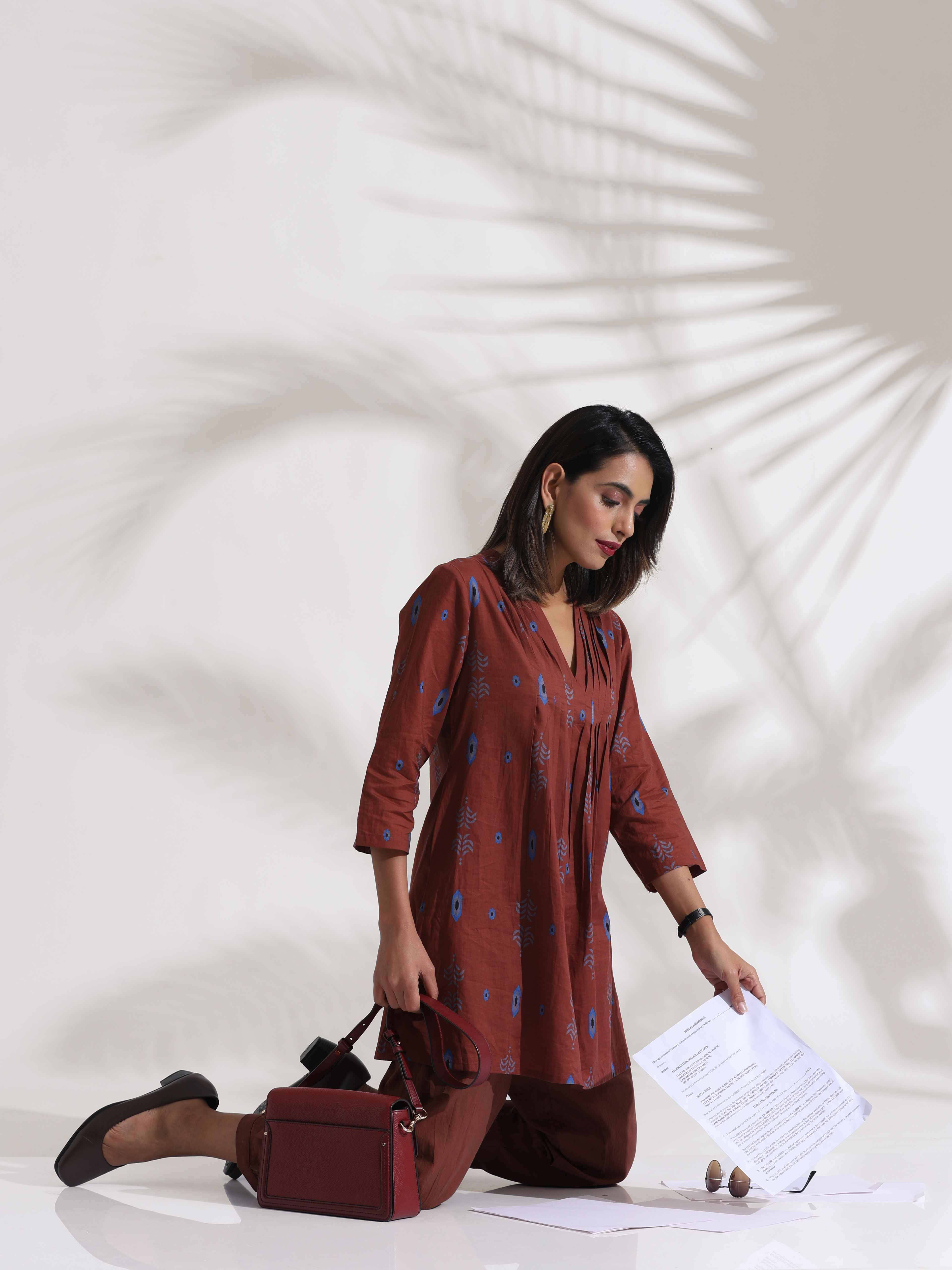trueBrowns Brown Cotton Print Pleated Top & Pants Co-ord Set
