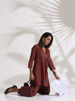 Thumbnail for trueBrowns Brown Cotton Print Pleated Top & Pants Co-ord Set
