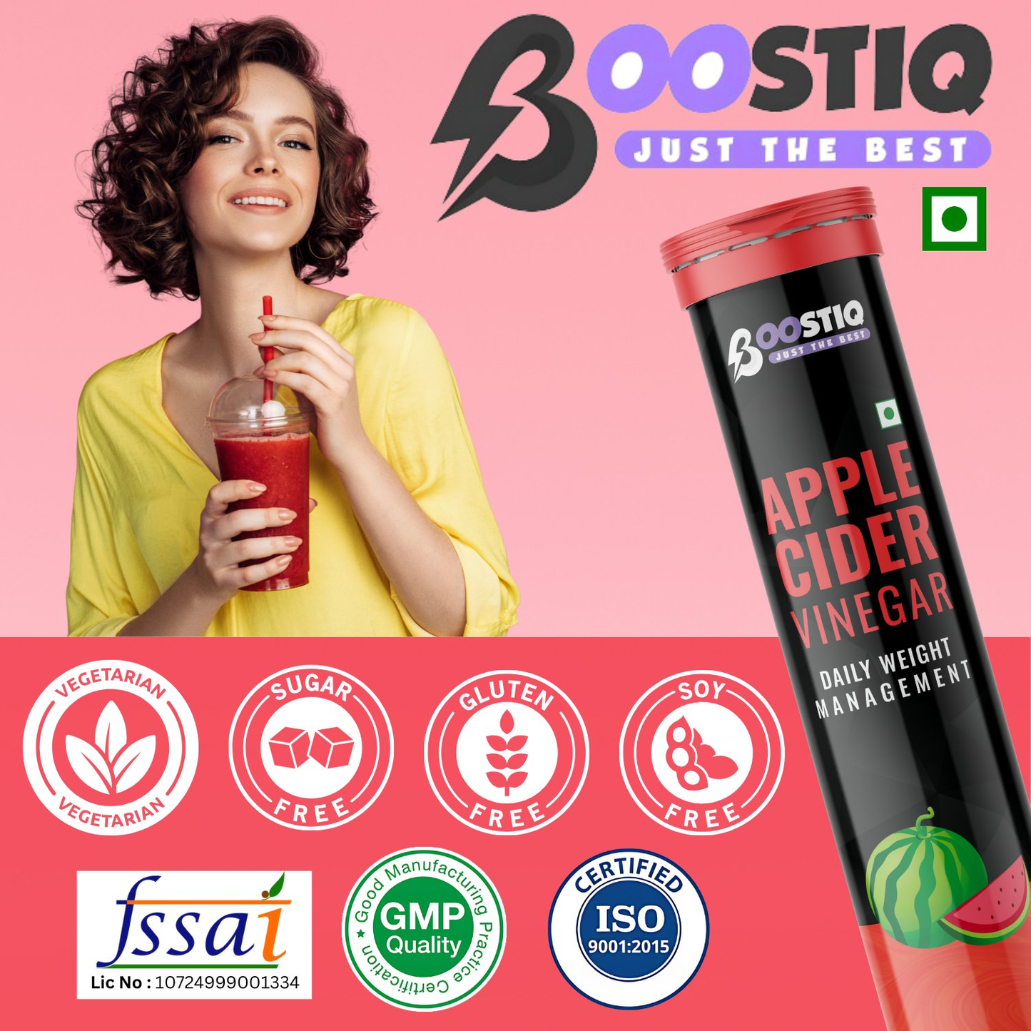 BOOSTIQ Apple Cider Vinegar Effervescent Tablets - Watermelon Flavour - Distacart