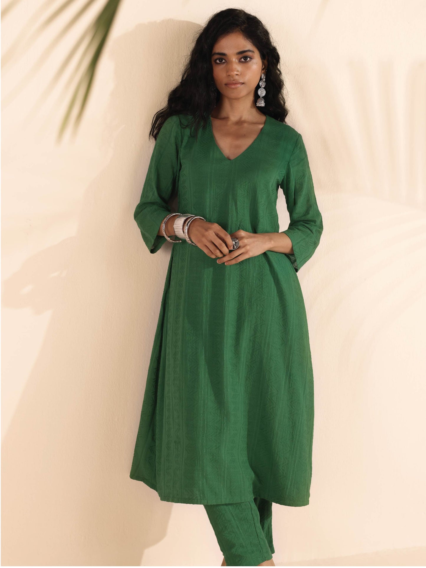 trueBrowns Green Cotton Dobby Kurta Pant Set - Distacart