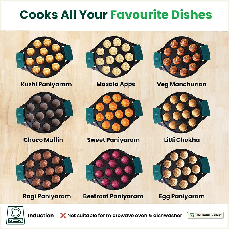 The Indus Valley 12 Pit/Cup CASTrong Cast Iron Paniyaram/Appe Pan, Pre-seasoned, with Double Handle Silicone Grip,Toxin-free, 20.8 cm, 2.2 kg