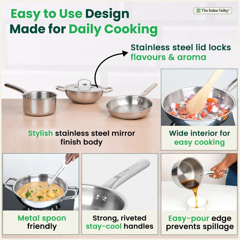 The Indus Valley TurboCuk Tri-ply Stainless Steel Cookware Set: 24cm Kadai with Lid + 22cm Fry Pan + 16cm Sauce pan, Premium Quality, 3 Layer Thick Body, 100% Toxin-free, Non-stick, Induction & Gas