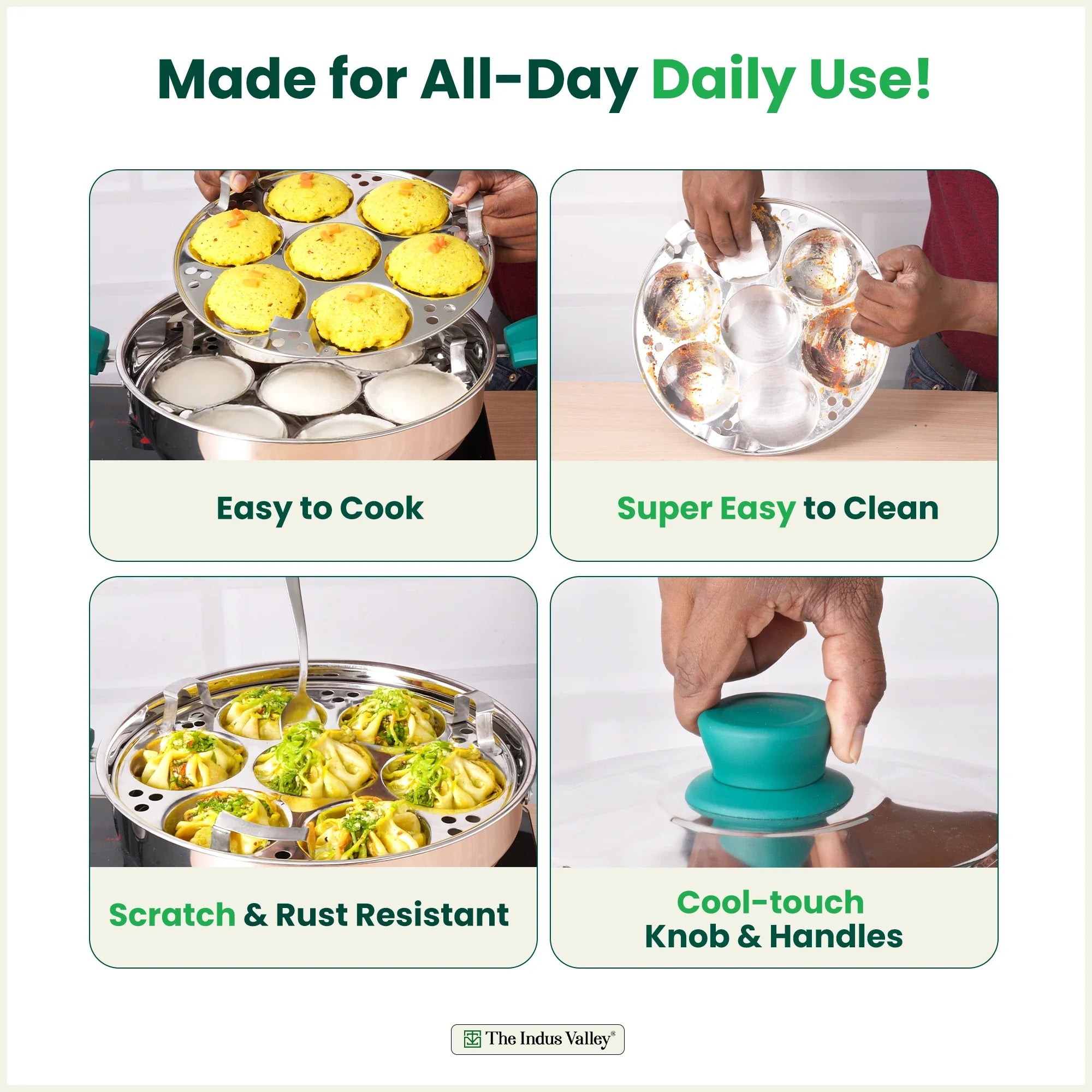 The Indus Valley 14 Pit Tri-Steel Multi Pot Premium Stainless Steel Idli/ Momo Maker/  Veg Steaming Set, Tri-ply Induction Bottom, 2 Plates, 27cm