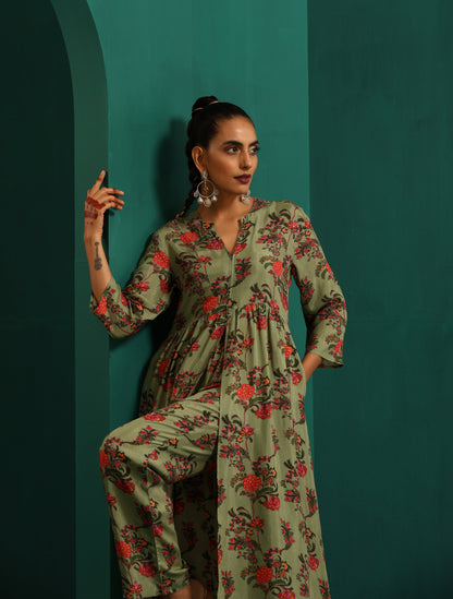 trueBrowns Green Floral Muslin Silk Printed Front Slit Kurta Pant Set - Distacart