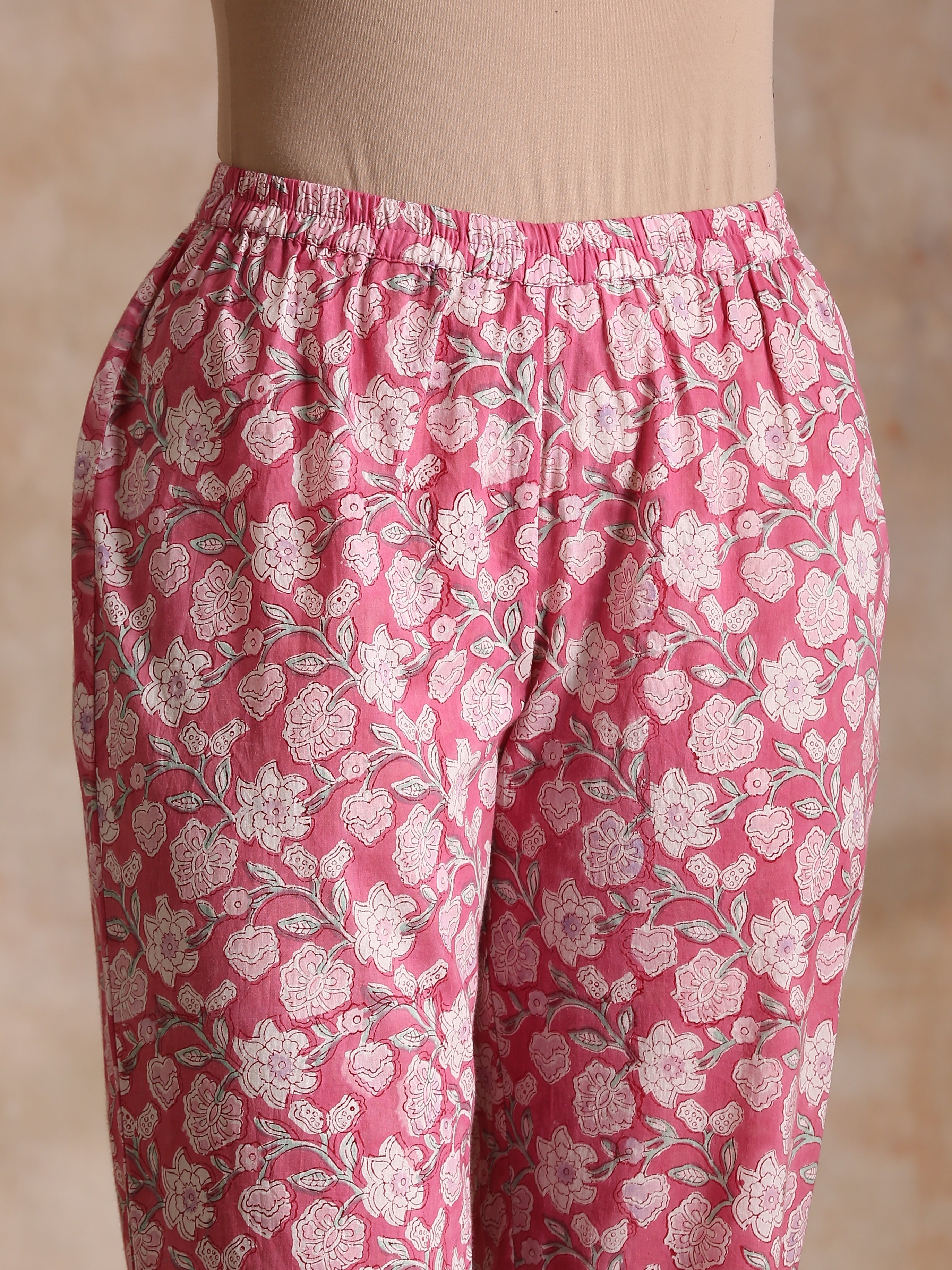 trueBrowns Pink Overall Floral Block Print Cotton Flared Kurta Pant Set - Distacart