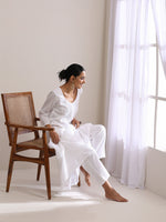Thumbnail for trueBrowns White Dobby Front Pleated Long Kurta Pant Set - Distacart