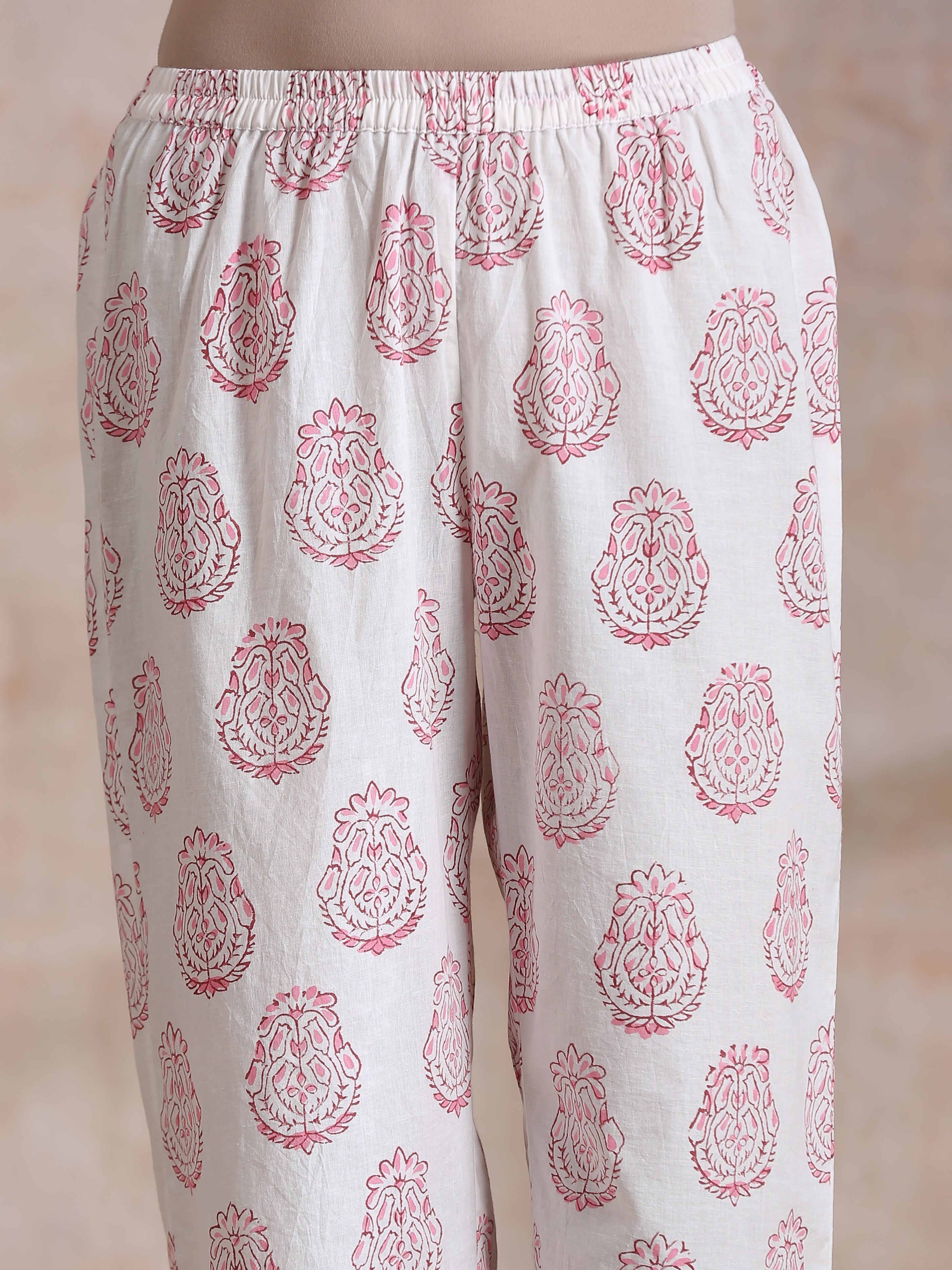 trueBrowns Pink Big Buta On White Print Cotton Panel Kaftan Kurta Pant Set - Distacart