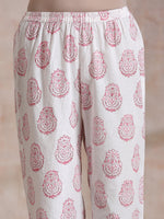 Thumbnail for trueBrowns Pink Big Buta On White Print Cotton Panel Kaftan Kurta Pant Set - Distacart