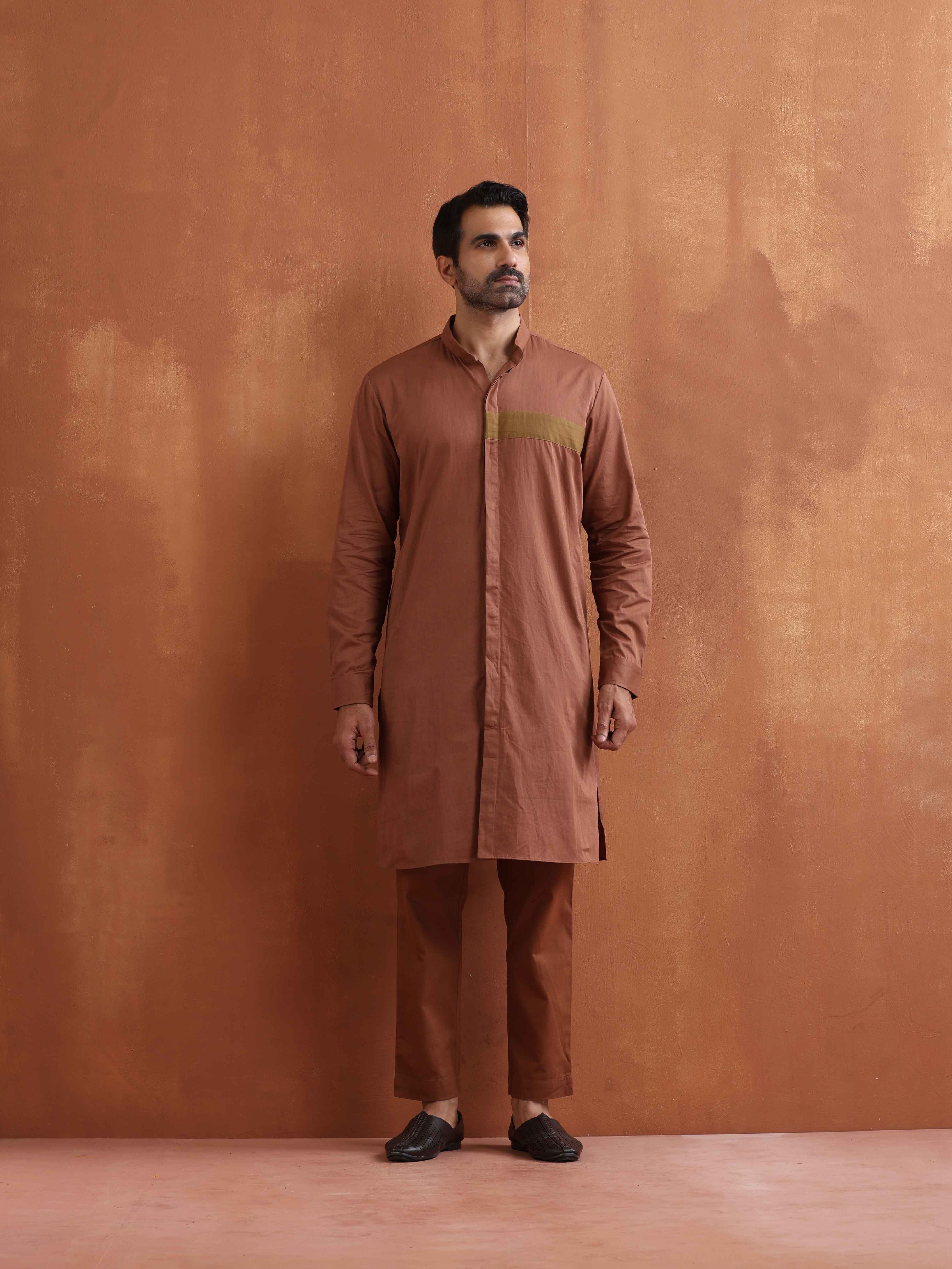 trueBrowns Men's Brown Cotton Front Open Kurta