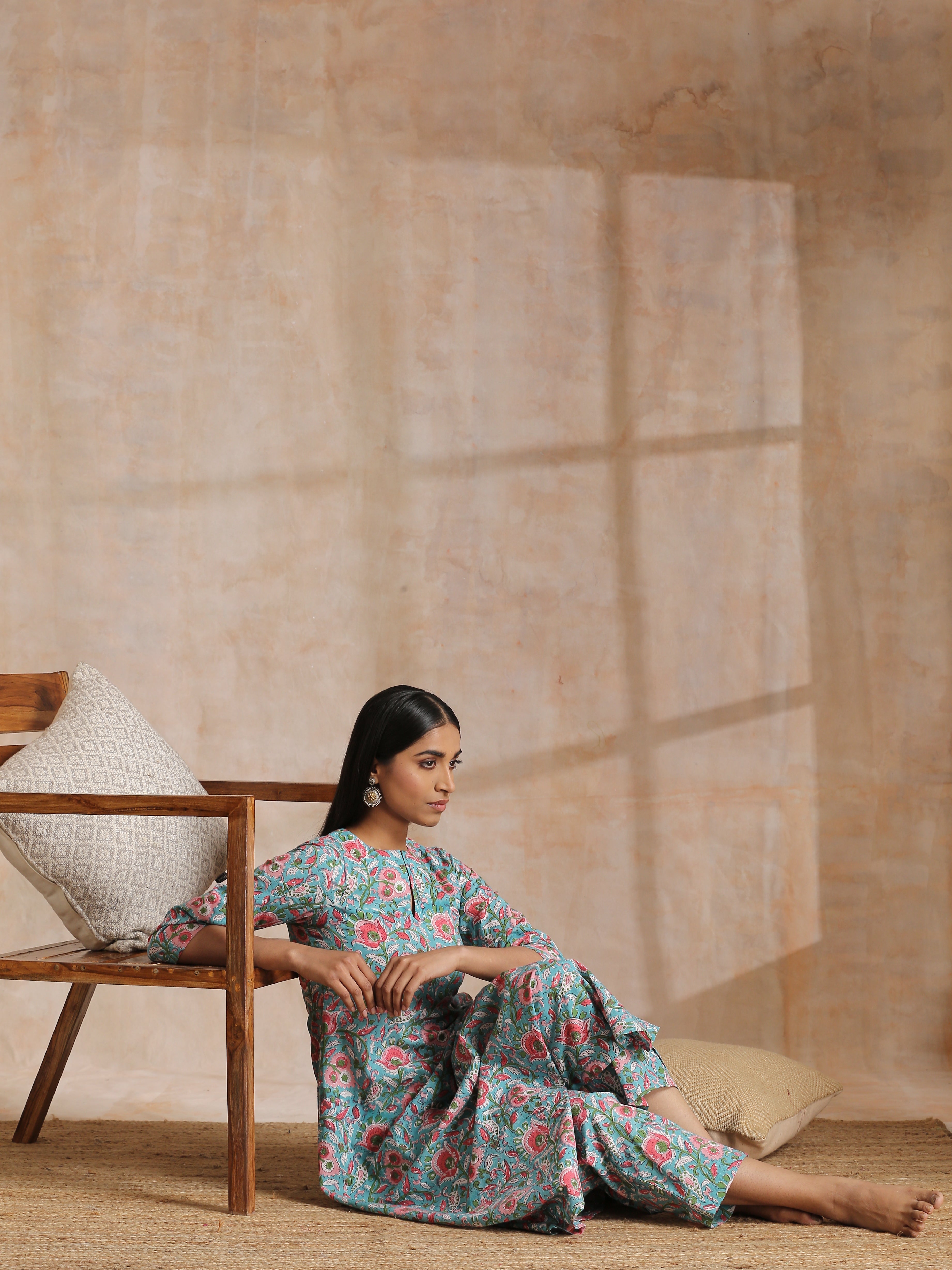 trueBrowns Turkish Blue Overall Floral Block Print Cotton Flared Kurta Pant Set - Distacart