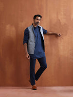 Thumbnail for trueBrowns Men's Blue Chanderi Reversible Nehru Jacket