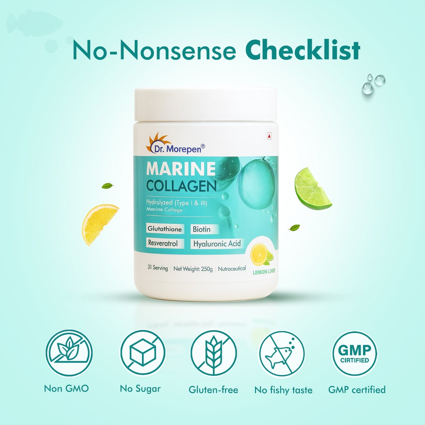 Dr. Morepan Marine Collagen Powder with Glutathione, Hyaluronic Acid, Resveratrol & Biotin Lemon Lime Flavour - Distacart