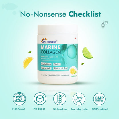 Dr. Morepan Marine Collagen Powder with Glutathione, Hyaluronic Acid, Resveratrol & Biotin Lemon Lime Flavour - Distacart