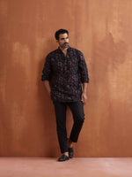 Thumbnail for trueBrowns Men's Black Floral Printed Short Kurta