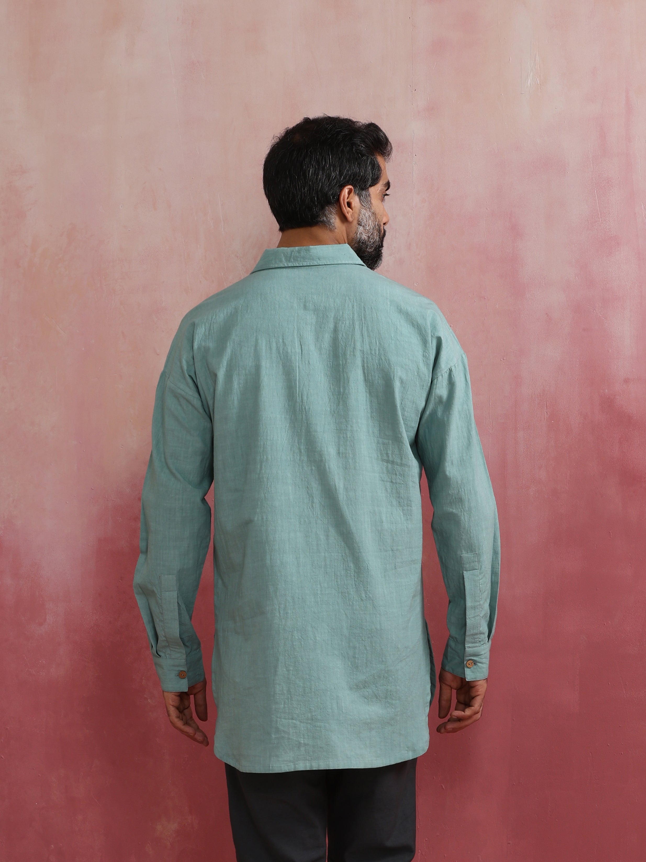 trueBrowns Men's Aqua Blue Cotton Shirt Collar Stylized Kurta - Distacart