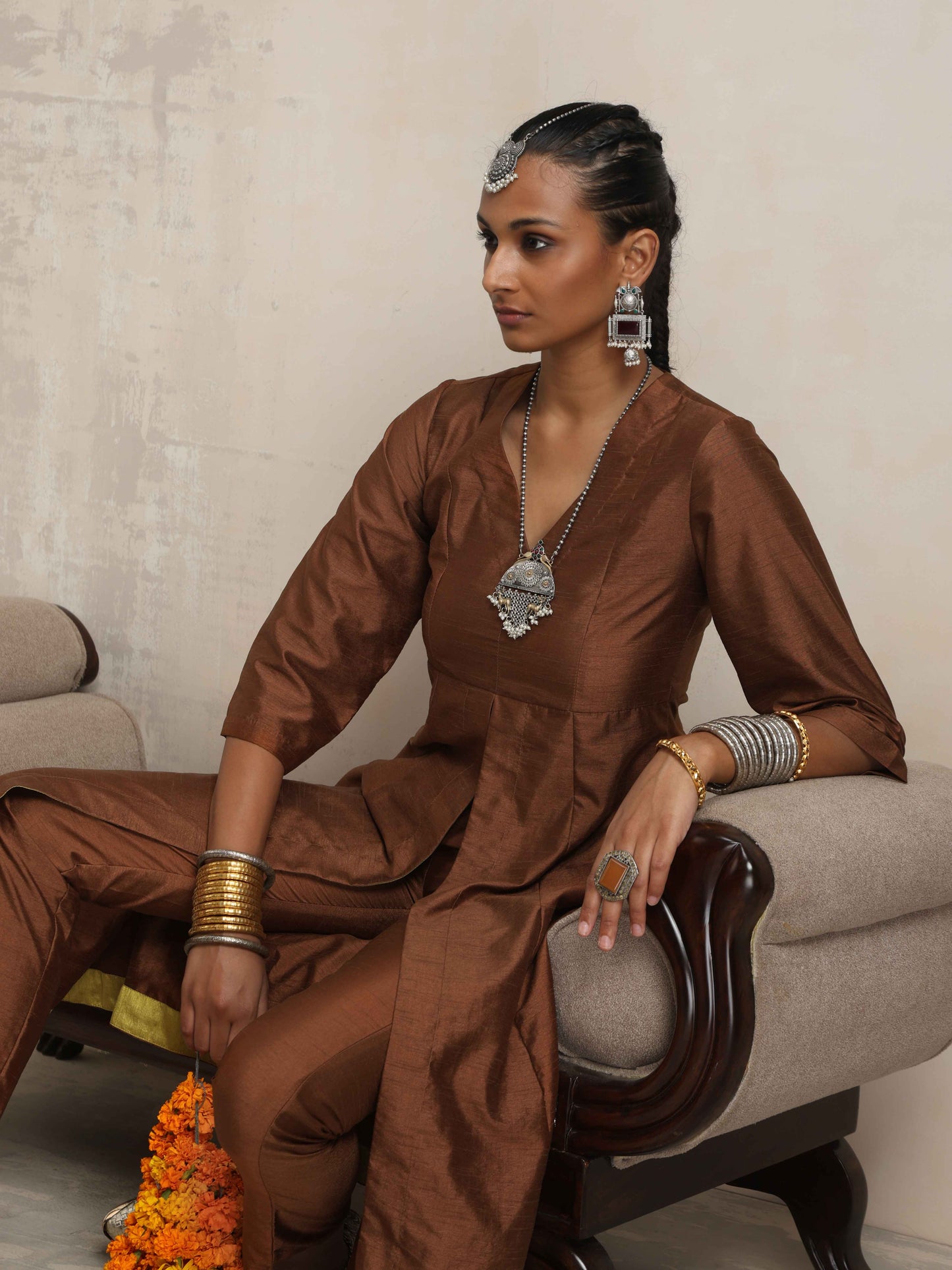 trueBrowns Brown Silk Slit Kurta Set - Distacart