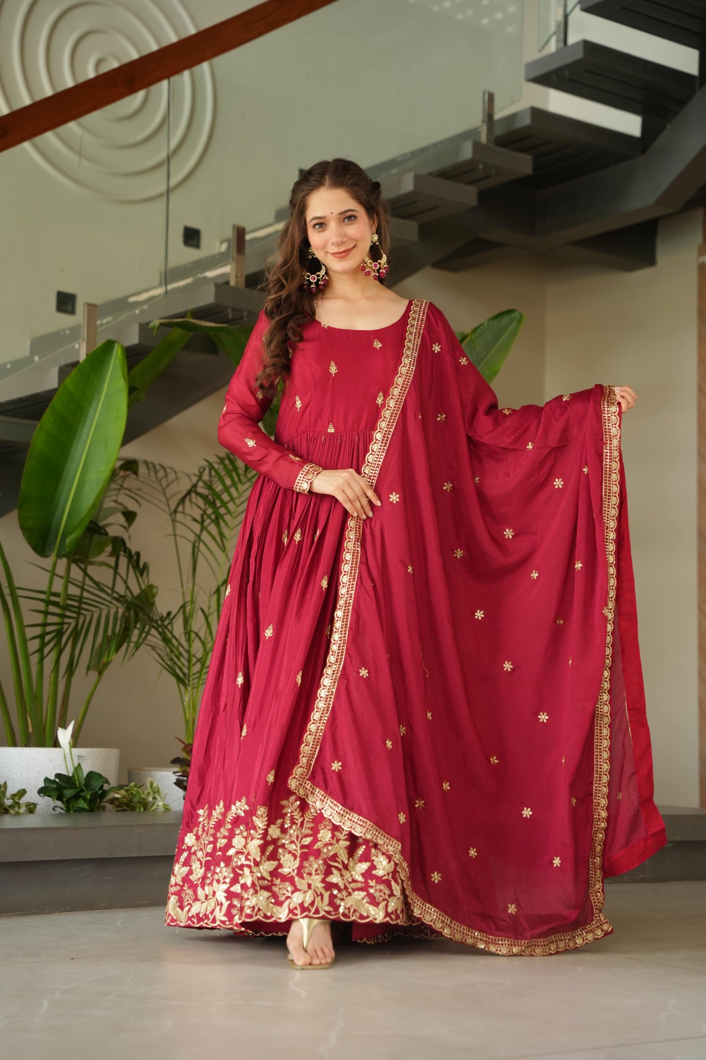 Anaita Red Chinon Readymade Anarkali Suit with Zari & Sequence Work - Dista