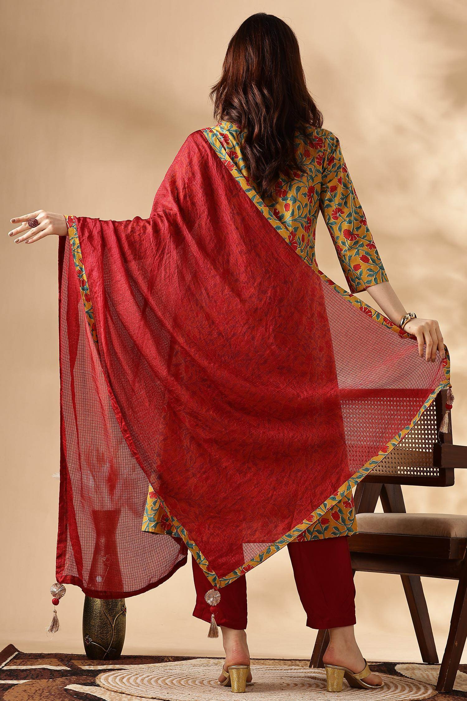BulBul Anupriya Cotton Mustard Kurta Set with Dupatta