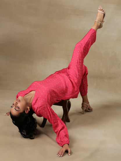 trueBrowns Pink Bandhani Printed Silk Gathered Sleeve Co-Ord Set - Distacart