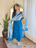 Thumbnail for The52 Women's Beautiful Roman Silk Embroidered Straight Kurta with Pant And Dupatta Set