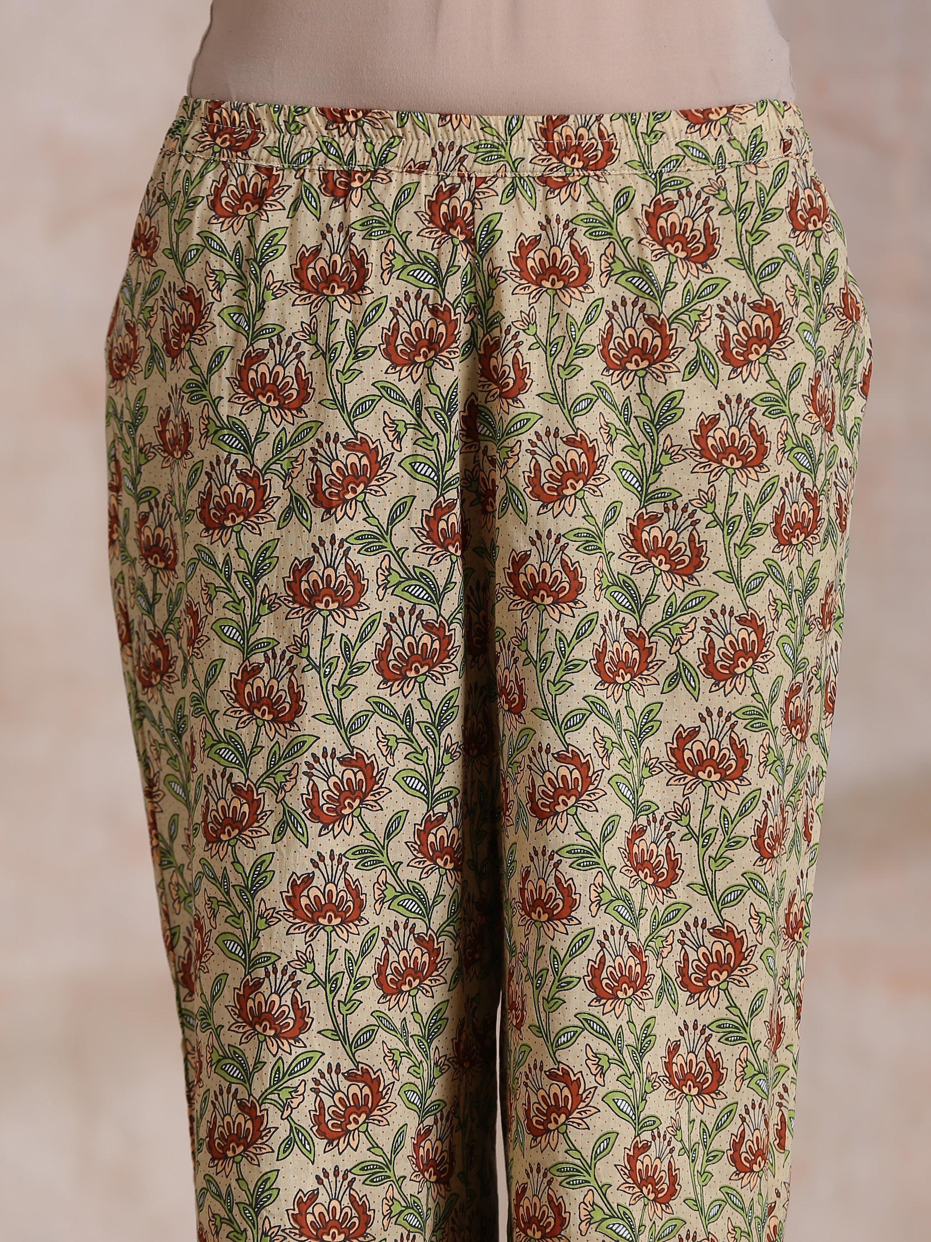 trueBrowns Beige Overall Brown Floral Block Print Cotton High-Low Co-Ord Set - Distacart