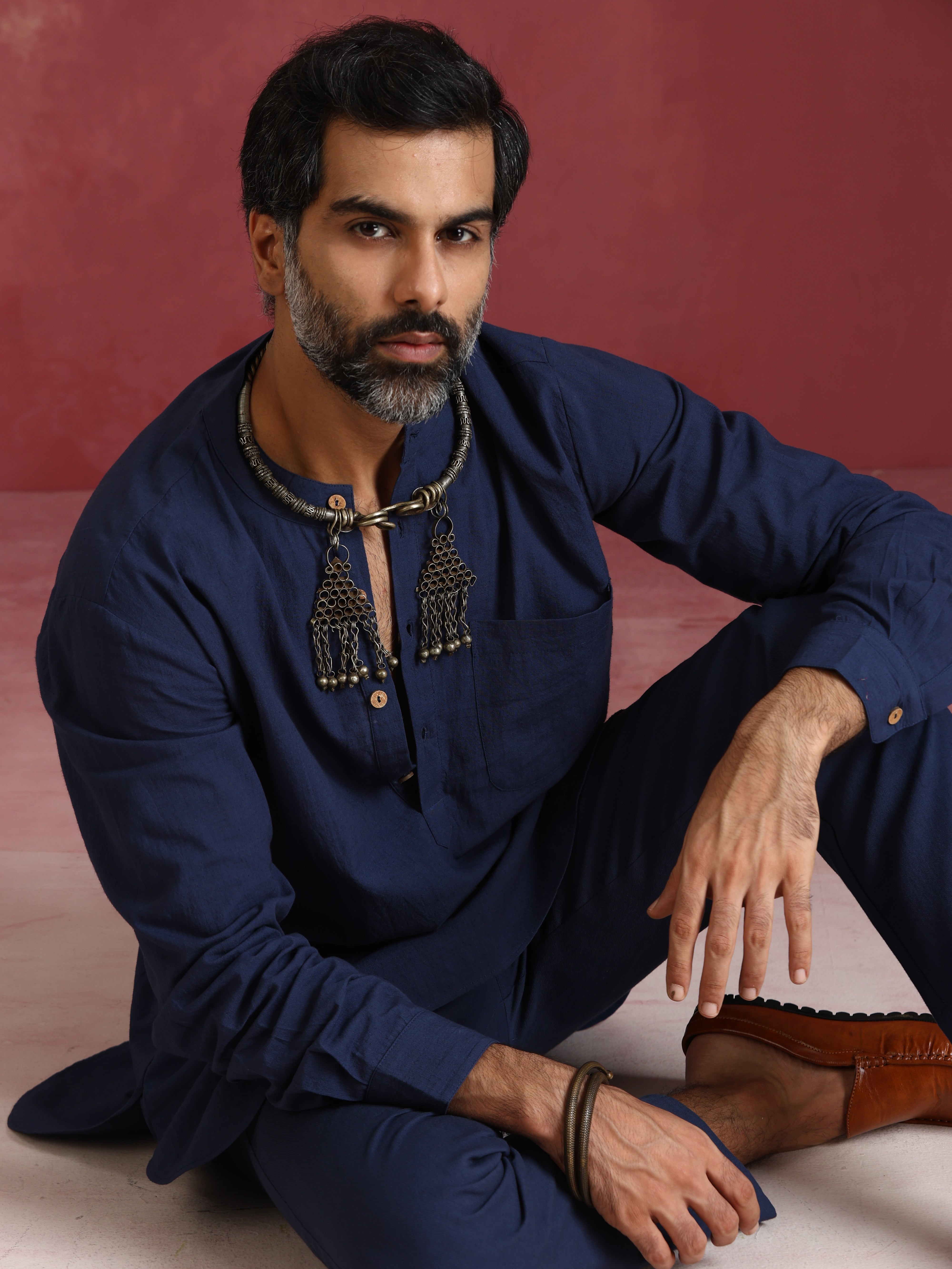 trueBrowns Men's Navy Cotton Mandarin Collar Kurta Co-ord set
