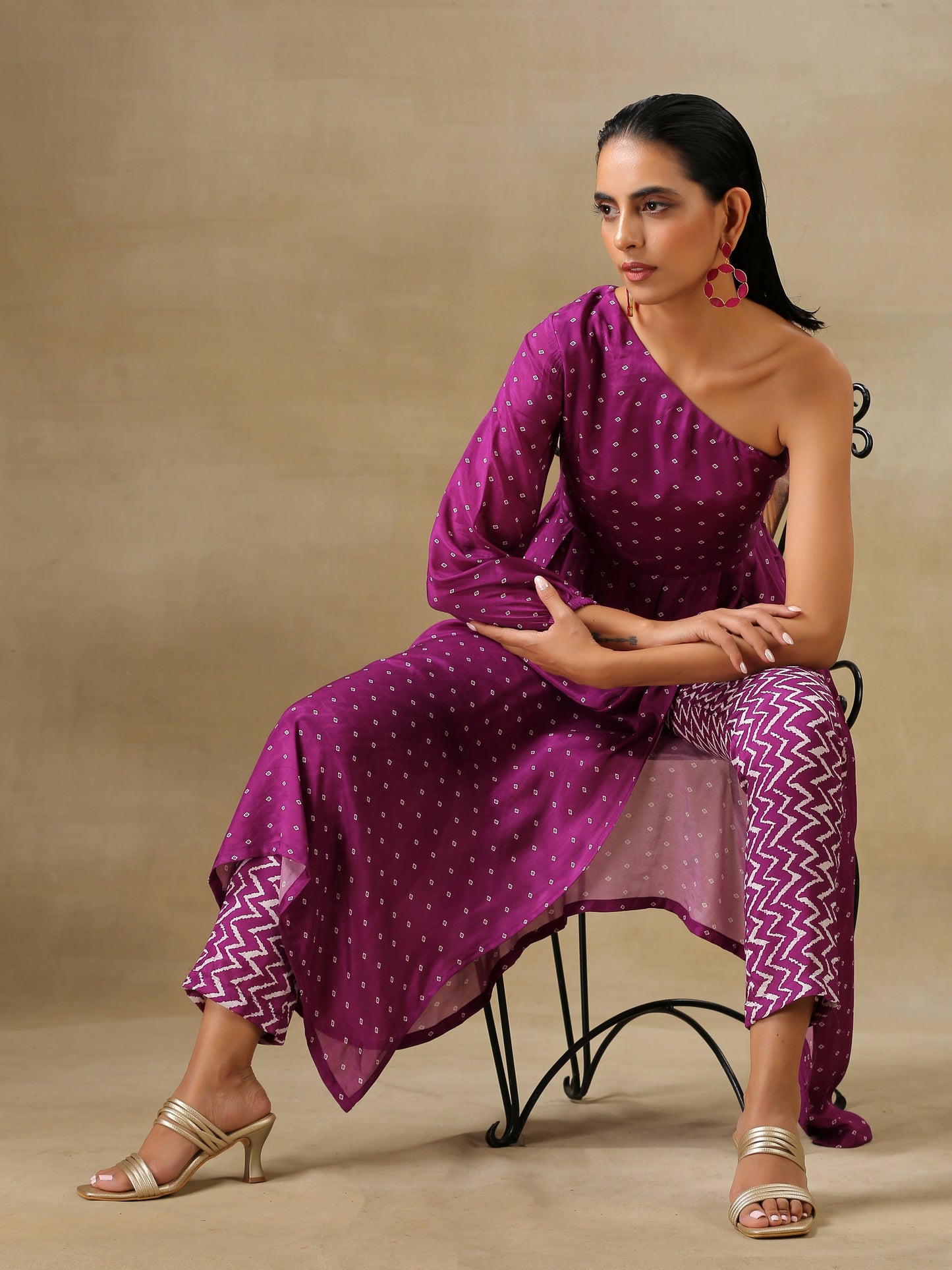 trueBrowns Purple Bandhani Printed Silk One Shoulder Kurta Pant Set - Distacart