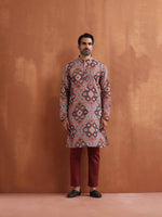 Thumbnail for trueBrowns Men's Rust Geometric Printed Kurta