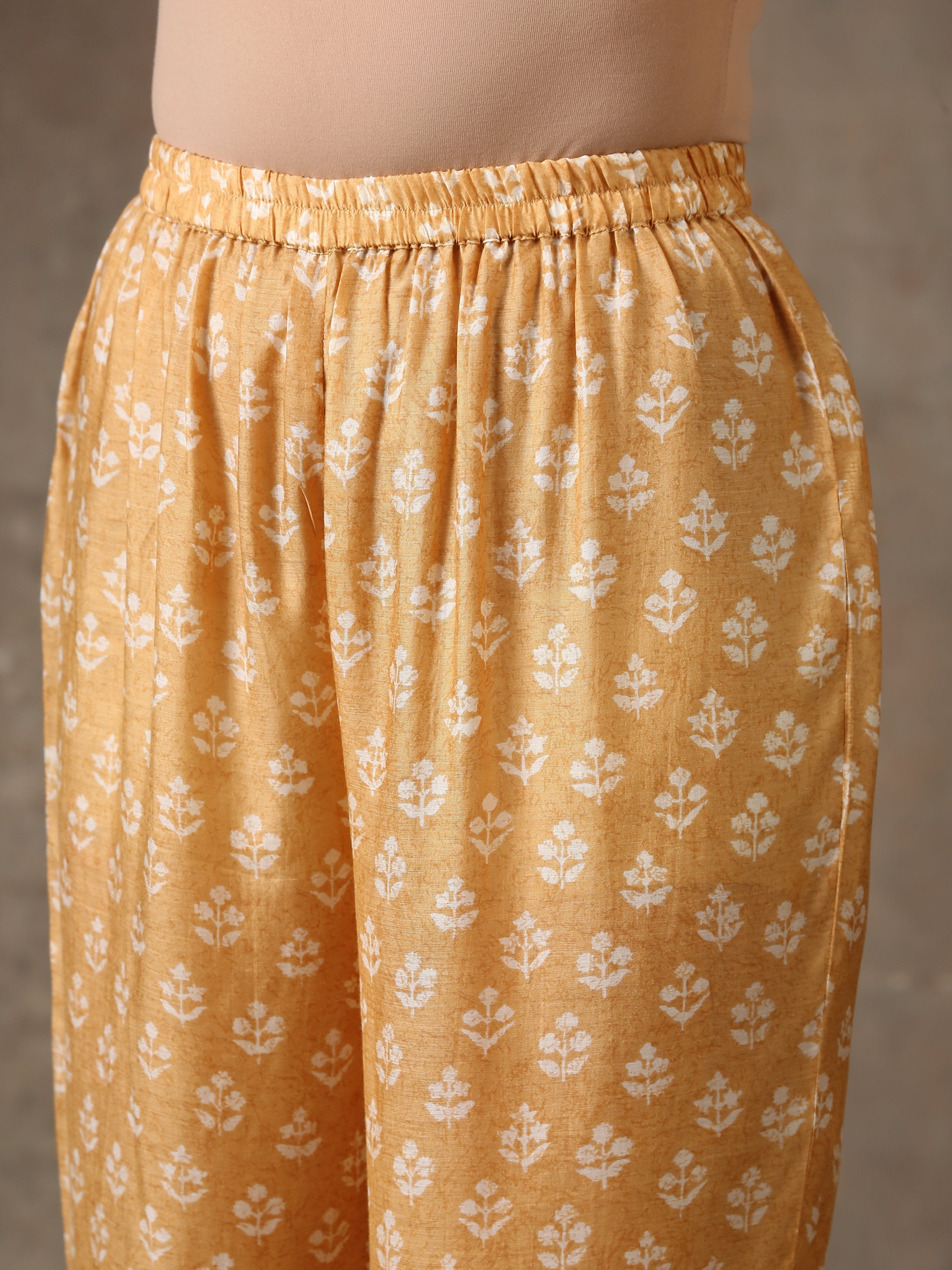 trueBrowns Beige White Flared Printed Silk Kurta Pant Set - Distacart