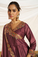 Thumbnail for BulBul Women Wine Embroidered Premium Silk Angrakha Pattern Flare Suit With Dupatta