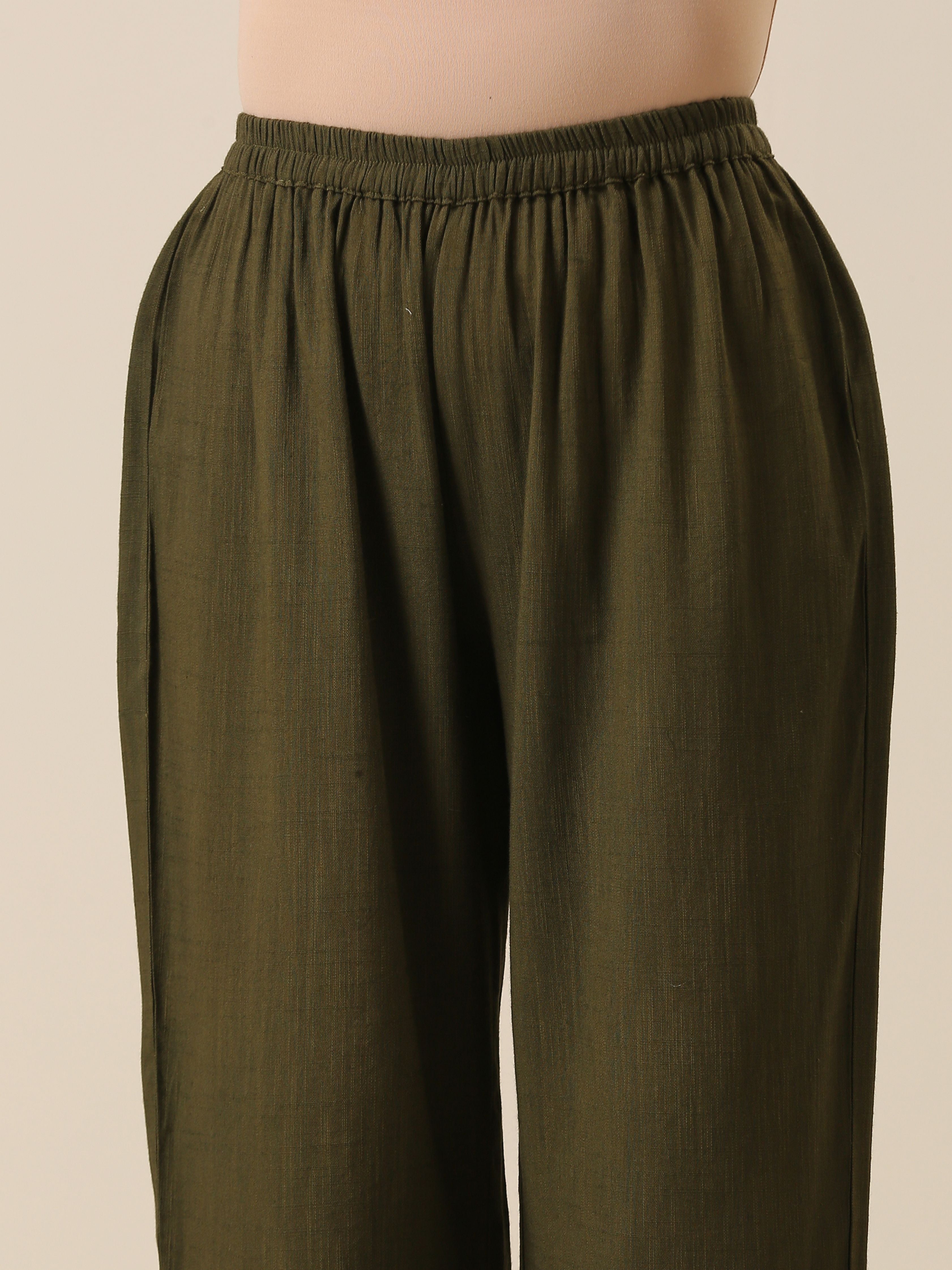 trueBrowns Olive Green Slub Texture Kurta Pant Set - Distacart
