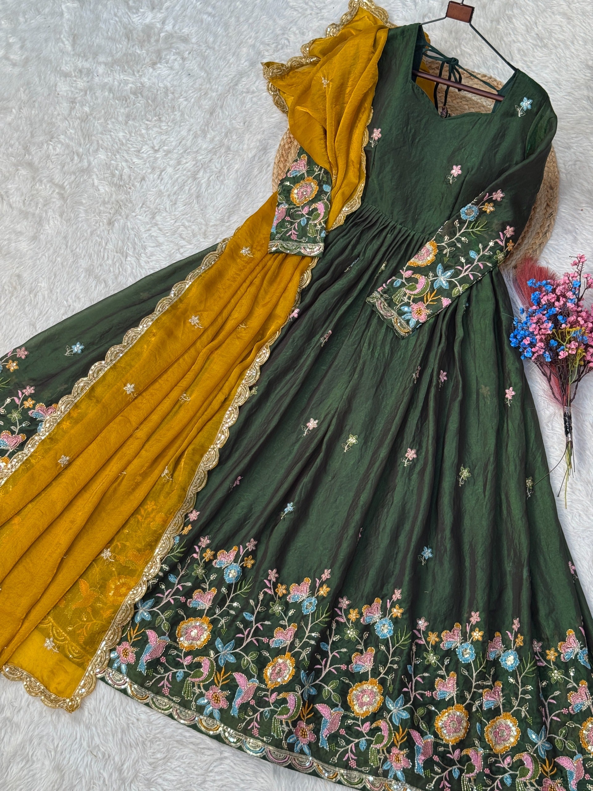 Anaita Mehendi Silk Readymade Anarkali Suit with Thread Embroidery & Sequence Work - Dista