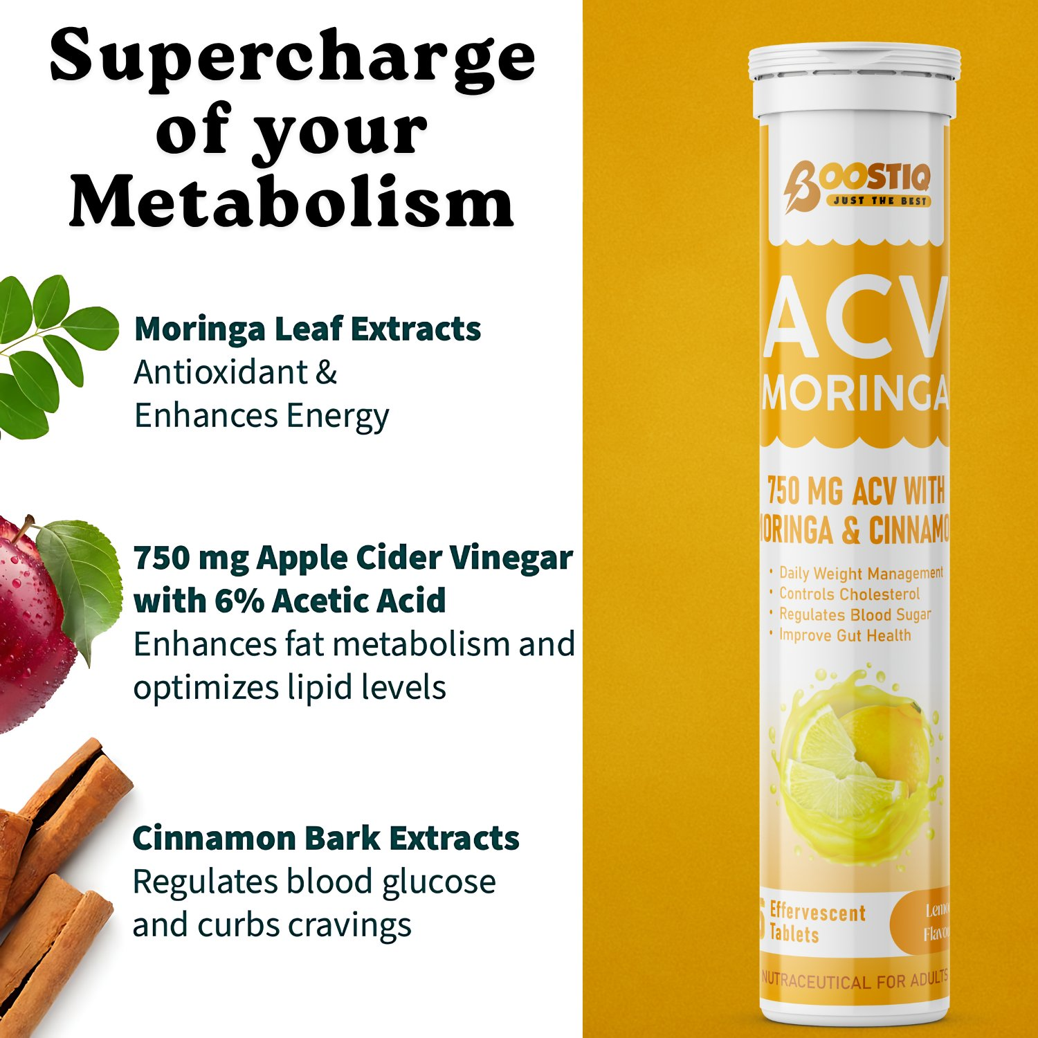 BOOSTIQ ACV Moringa & Cinnamon Effervescent Tablets - Lemon Flavour - Distacart